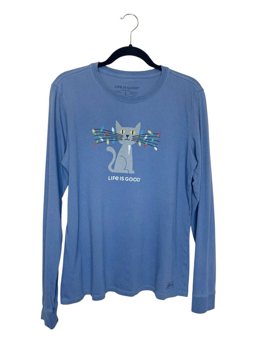 LIFE IS GOOD Gray Holiday Cat Long Sleeve Crusher-Lite Tee size Large